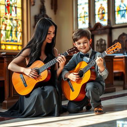 A lady with long, flowing black hair wearing an elegant classic dress, and a boy with short brown hair also dressed in vintage fashion, both playing classical guitar together in a beautiful church setting