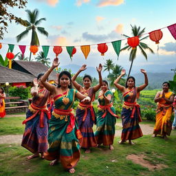 A lively New Year celebration featuring Sri Lankan cultural dancers in traditional attire, energetically performing in a picturesque village setting
