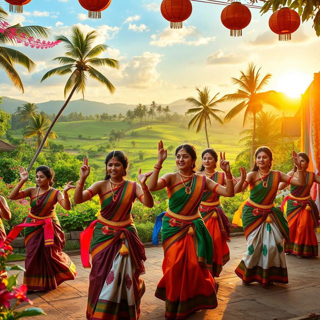 A lively New Year celebration featuring Sri Lankan cultural dancers in traditional attire, energetically performing in a picturesque village setting