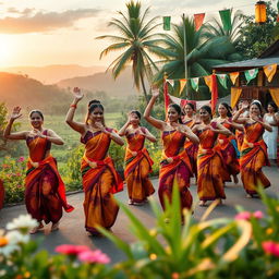 A lively New Year celebration featuring Sri Lankan cultural dancers in traditional attire, energetically performing in a picturesque village setting