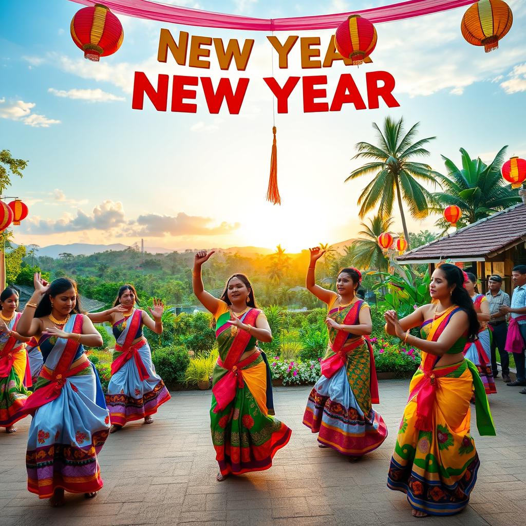 A lively New Year celebration featuring Sri Lankan cultural dancers in traditional attire, energetically performing in a picturesque village setting