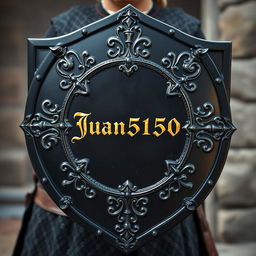 A medieval black shield featuring intricate designs and patterns