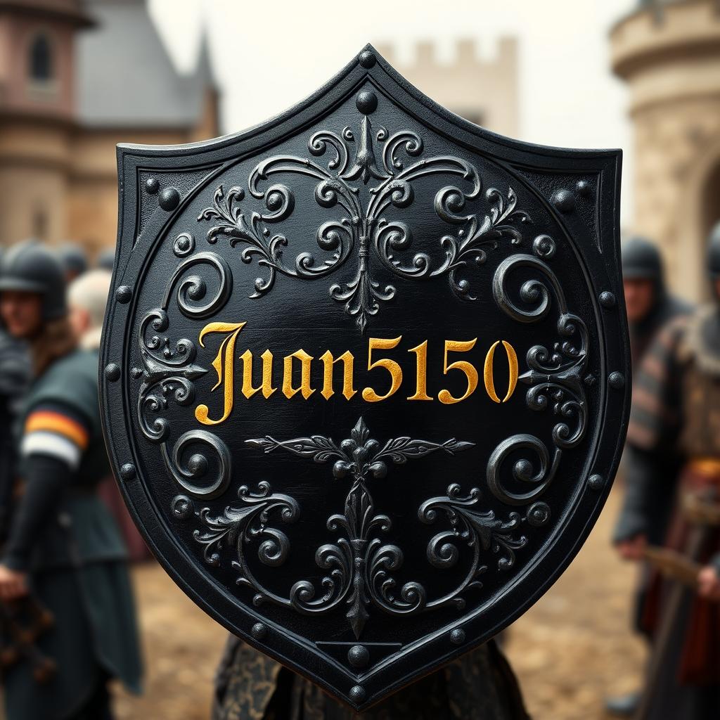 A medieval black shield featuring intricate designs and patterns