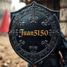 A medieval black shield featuring intricate designs and patterns