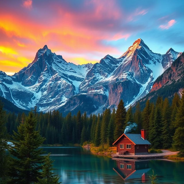 A serene and picturesque mountain landscape at sunset, featuring towering snow-capped peaks illuminated by warm hues of orange and pink in the sky