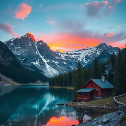 A serene and picturesque mountain landscape at sunset, featuring towering snow-capped peaks illuminated by warm hues of orange and pink in the sky
