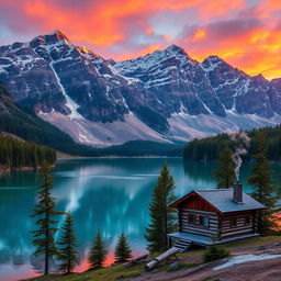 A serene and picturesque mountain landscape at sunset, featuring towering snow-capped peaks illuminated by warm hues of orange and pink in the sky
