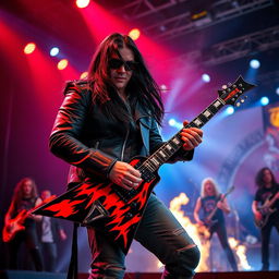 An energetic rock metal guitarist performing on stage, surrounded by red and blue spotlights