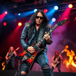 An energetic rock metal guitarist performing on stage, surrounded by red and blue spotlights
