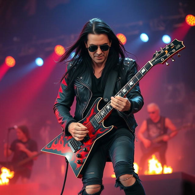 An energetic rock metal guitarist performing on stage, surrounded by red and blue spotlights