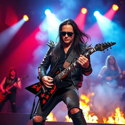 An energetic rock metal guitarist performing on stage, surrounded by red and blue spotlights
