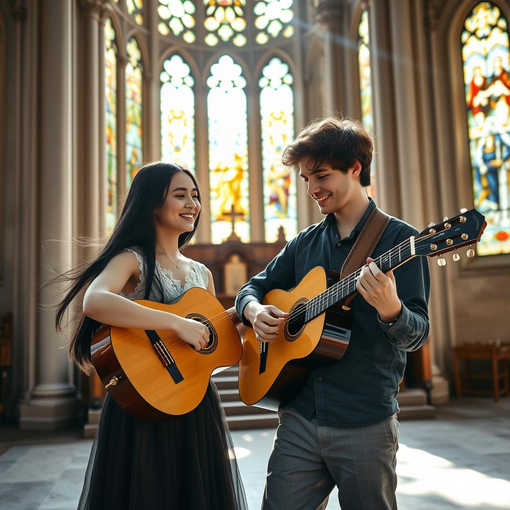 A young lady with long, flowing black hair and a 20-year-old man with short, tousled brown hair are playing classical guitar together in a stunning church interior