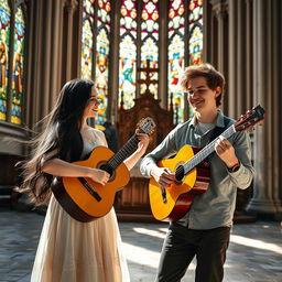 A young lady with long, flowing black hair and a 20-year-old man with short, tousled brown hair are playing classical guitar together in a stunning church interior