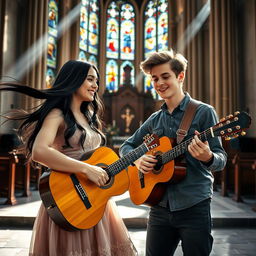 A young lady with long, flowing black hair and a 20-year-old man with short, tousled brown hair are playing classical guitar together in a stunning church interior