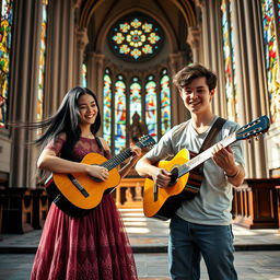 A young lady with long, flowing black hair and a 20-year-old man with short, tousled brown hair are playing classical guitar together in a stunning church interior