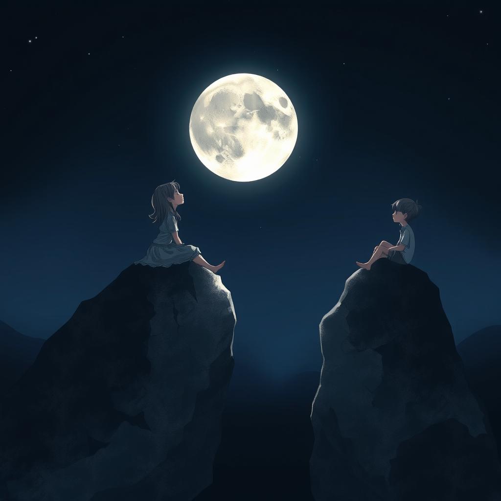 Two rocks in the darkness of night, each with a boy and a girl