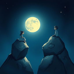 Two rocks in the darkness of night, each with a boy and a girl