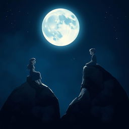 Two rocks in the darkness of night, each with a boy and a girl