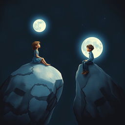 Two rocks in the darkness of night, each with a boy and a girl