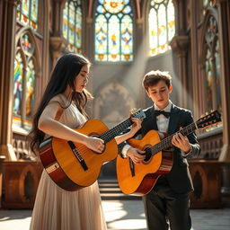 A young lady with long black hair wearing an elegant classic dress, playing a classical guitar alongside a 20-year-old boy with short brown hair, also in classic attire, in the serene setting of an ornate church