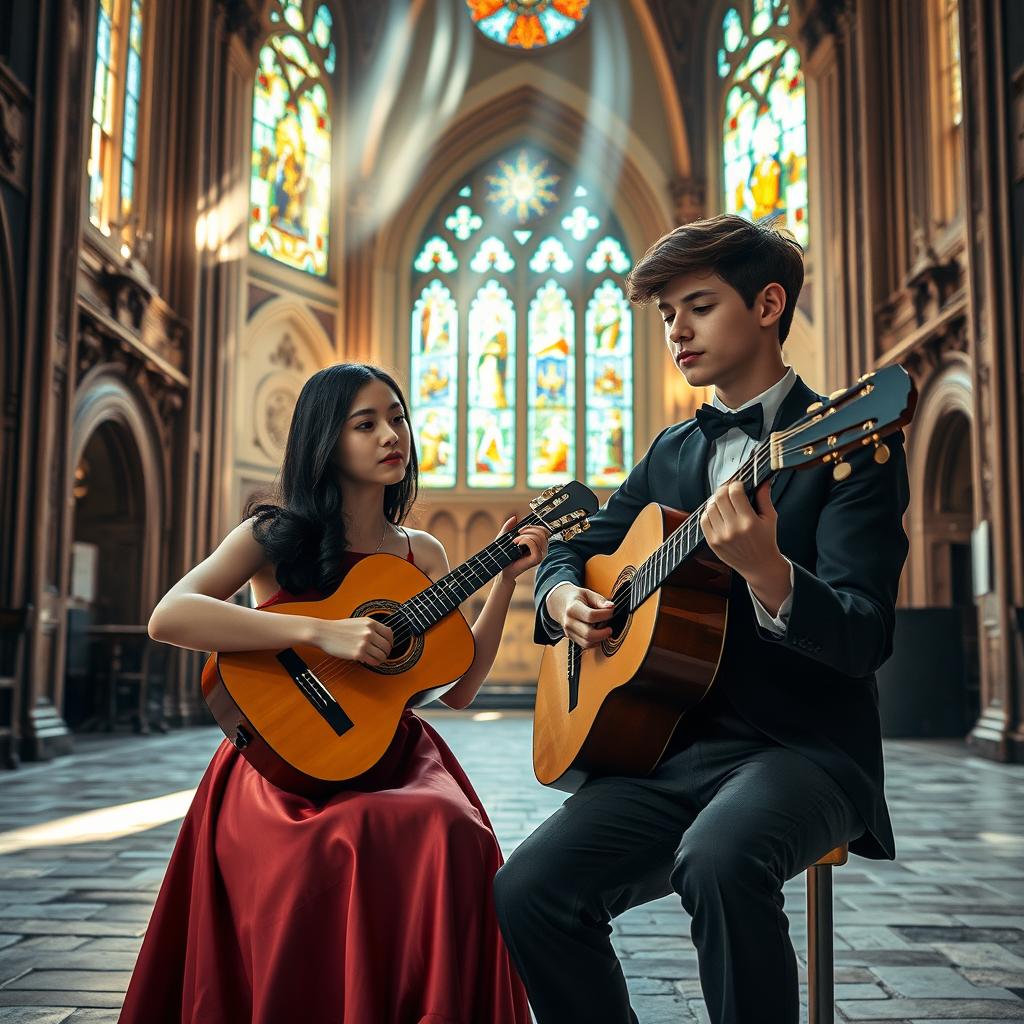 A young lady with long black hair wearing an elegant classic dress, playing a classical guitar alongside a 20-year-old boy with short brown hair, also in classic attire, in the serene setting of an ornate church