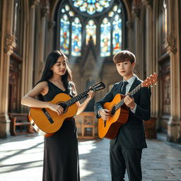 A young lady with long black hair wearing an elegant classic dress, playing a classical guitar alongside a 20-year-old boy with short brown hair, also in classic attire, in the serene setting of an ornate church