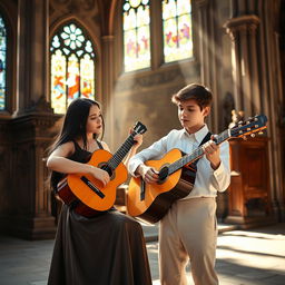 A young lady with long black hair wearing an elegant classic dress, playing a classical guitar alongside a 20-year-old boy with short brown hair, also in classic attire, in the serene setting of an ornate church
