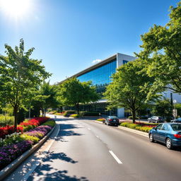 A scenic view of a beautiful modern building surrounded by a well-maintained road