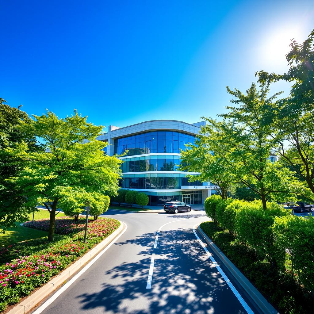 A scenic view of a beautiful modern building surrounded by a well-maintained road