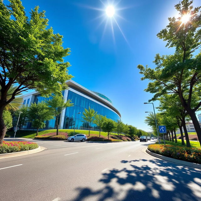 A scenic view of a beautiful modern building surrounded by a well-maintained road