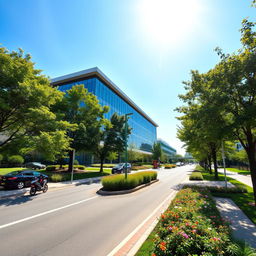 A scenic view of a beautiful modern building surrounded by a well-maintained road