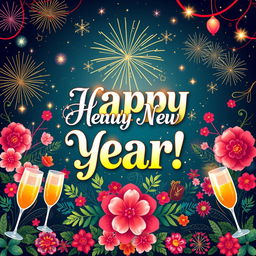 A festive New Year greeting card designed by DK TRIMS, featuring vibrant and colorful decorations