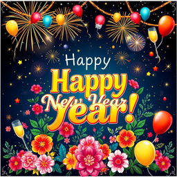 A festive New Year greeting card designed by DK TRIMS, featuring vibrant and colorful decorations