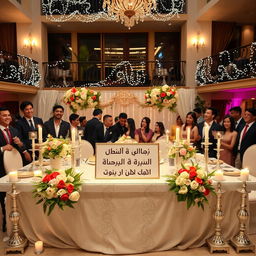 A beautifully decorated engagement party scene featuring a stunning table set with elegant floral arrangements, candles, and shimmering decorations