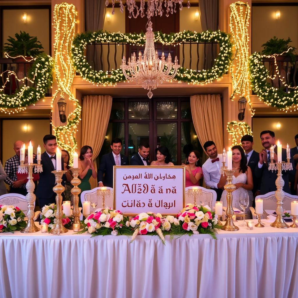 A beautifully decorated engagement party scene featuring a stunning table set with elegant floral arrangements, candles, and shimmering decorations