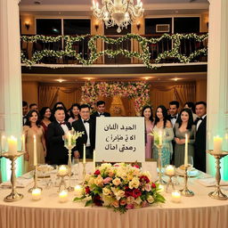 A beautifully decorated engagement party scene featuring a stunning table set with elegant floral arrangements, candles, and shimmering decorations