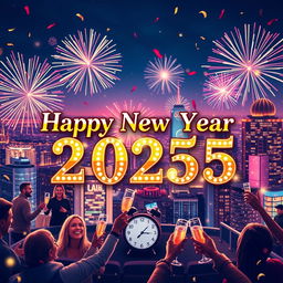 A stunning and colorful banner that says 'Happy New Year 2025' in elegant, shiny gold letters with fireworks exploding in the night sky