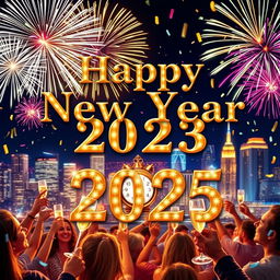 A stunning and colorful banner that says 'Happy New Year 2025' in elegant, shiny gold letters with fireworks exploding in the night sky