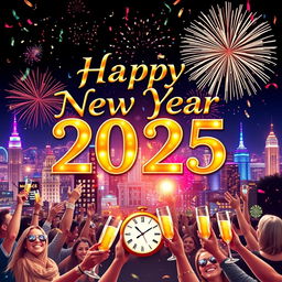 A stunning and colorful banner that says 'Happy New Year 2025' in elegant, shiny gold letters with fireworks exploding in the night sky