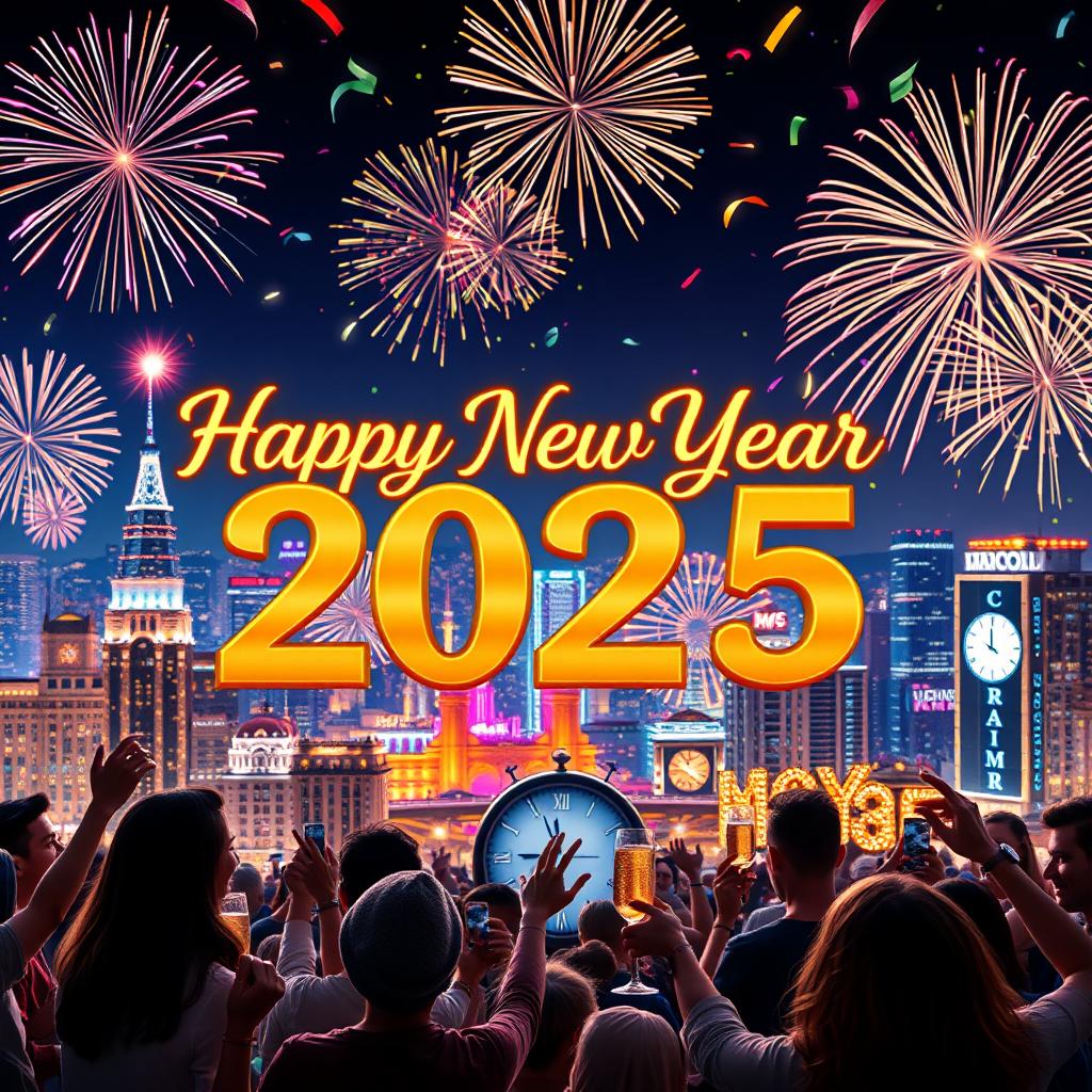 A stunning and colorful banner that says 'Happy New Year 2025' in elegant, shiny gold letters with fireworks exploding in the night sky