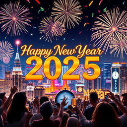 A stunning and colorful banner that says 'Happy New Year 2025' in elegant, shiny gold letters with fireworks exploding in the night sky