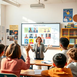 A dedicated English teacher conducting an engaging lesson in a bright and vibrant classroom