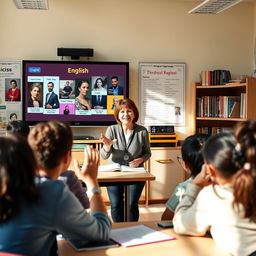 A dedicated English teacher conducting an engaging lesson in a bright and vibrant classroom