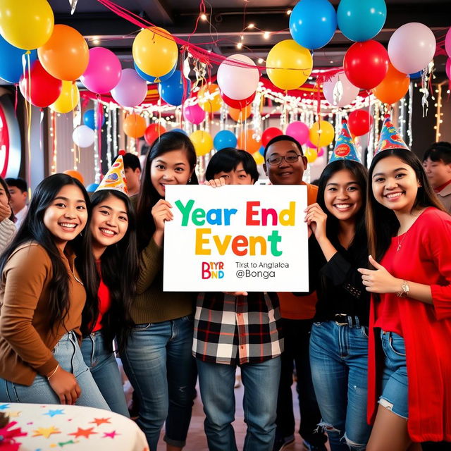 A vibrant and festive scene depicting a group of five diverse young adults gathered at a lively year-end event