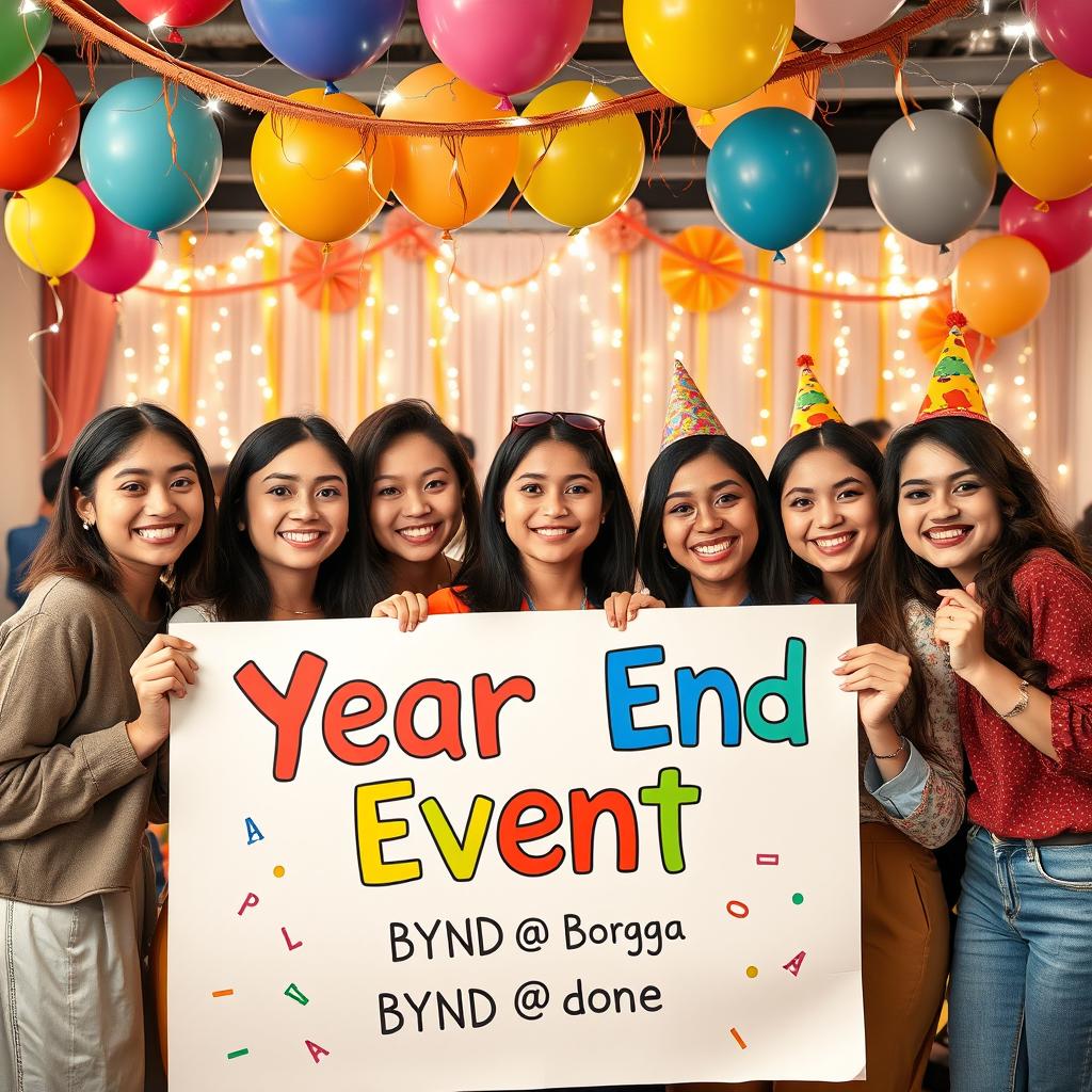 A vibrant and festive scene depicting a group of five diverse young adults gathered at a lively year-end event