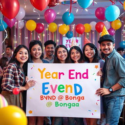 A vibrant and festive scene depicting a group of five diverse young adults gathered at a lively year-end event