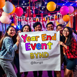 A vibrant and festive scene depicting a group of five diverse young adults gathered at a lively year-end event