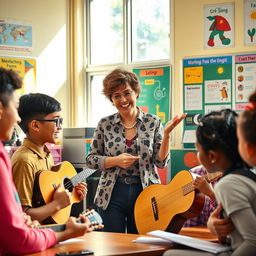 A vibrant classroom scene featuring a dedicated English teacher engaging with a diverse group of students