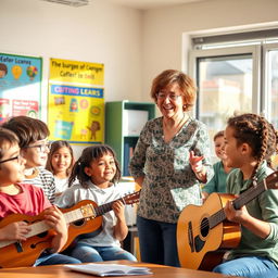 A vibrant classroom scene featuring a dedicated English teacher engaging with a diverse group of students