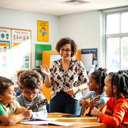 A vibrant classroom scene featuring a dedicated English teacher engaging with a diverse group of students